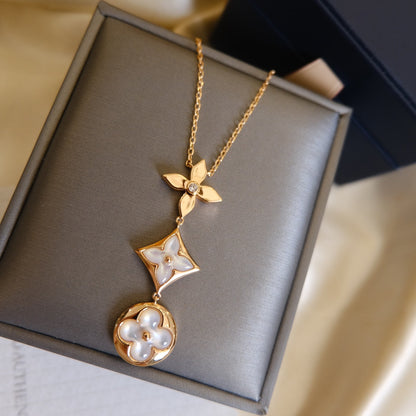 [RAFFINE]COLOR BLOSSOM LARIAT NECKLACE PINK GOLD WHITE MOTHER PEARL AND DIAMOND