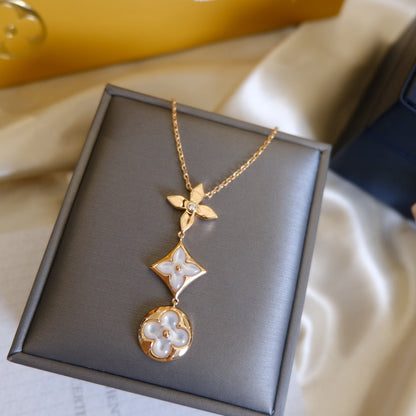 [RAFFINE]COLOR BLOSSOM LARIAT NECKLACE PINK GOLD WHITE MOTHER PEARL AND DIAMOND