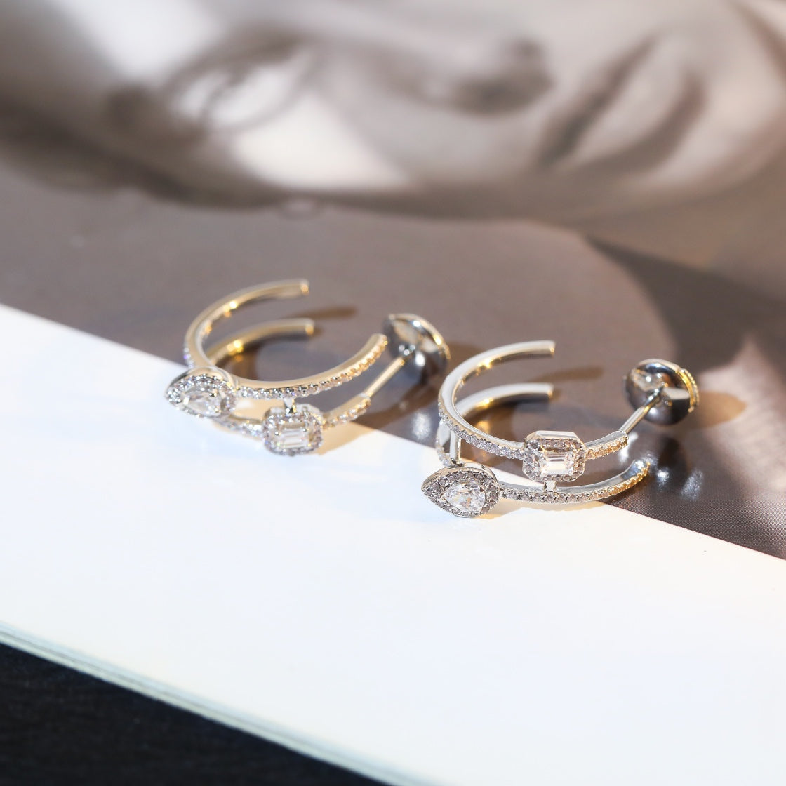 [RAFFINE]CREOLES MY TWIN 2 RANGS SILVER DIAMOND EARRINGS