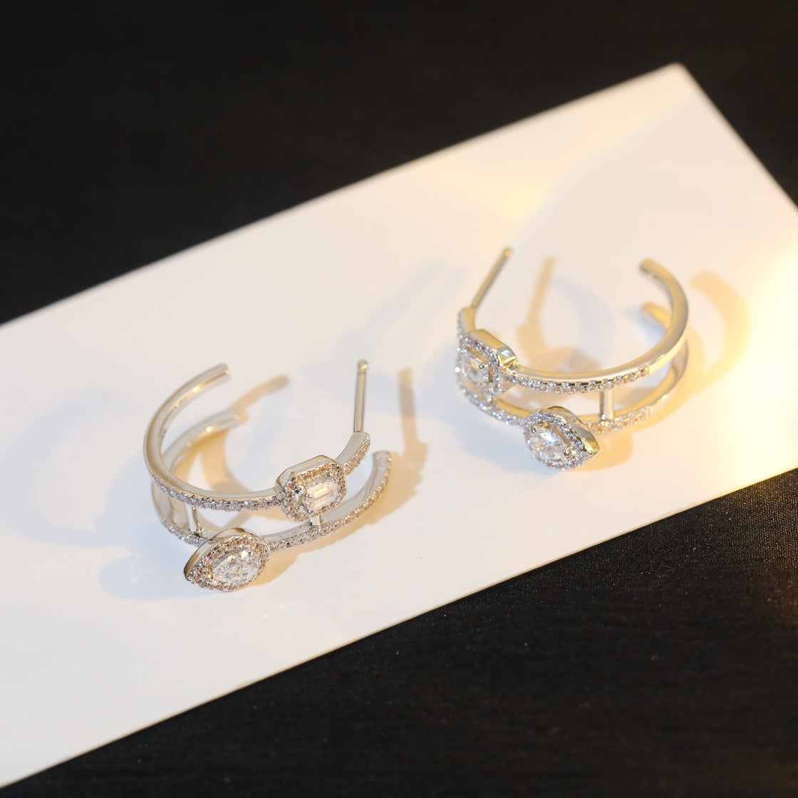 [RAFFINE]CREOLES MY TWIN 2 RANGS SILVER DIAMOND EARRINGS