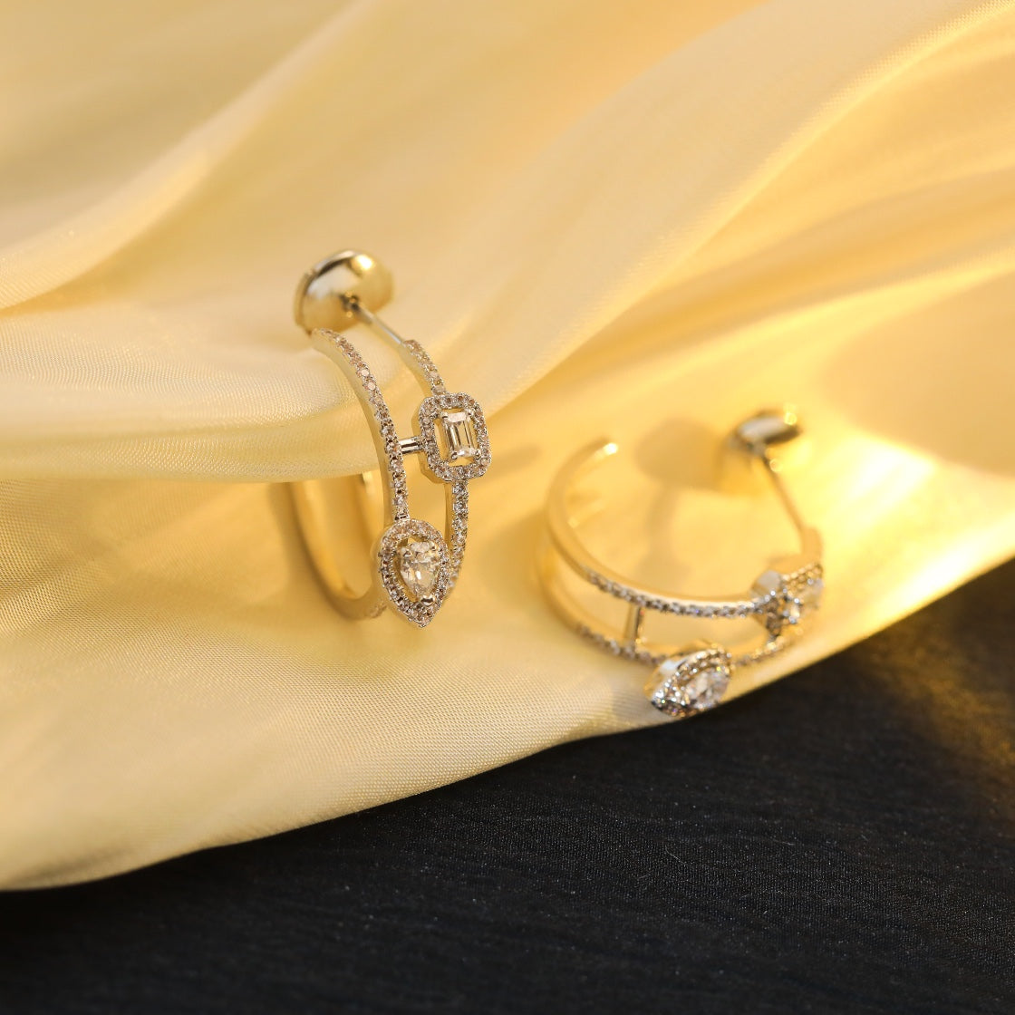 [RAFFINE]CREOLES MY TWIN 2 RANGS SILVER DIAMOND EARRINGS