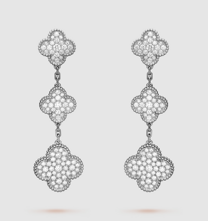 [RAFFINE] PENDIENTES DE PLATA CON 3 MOTIVOS DE TRÉBOL Y DIAMANTES