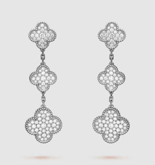 [RAFFINE]CLOVER 3 MOTIF DIAMOND SILVER DROP EARRINGS