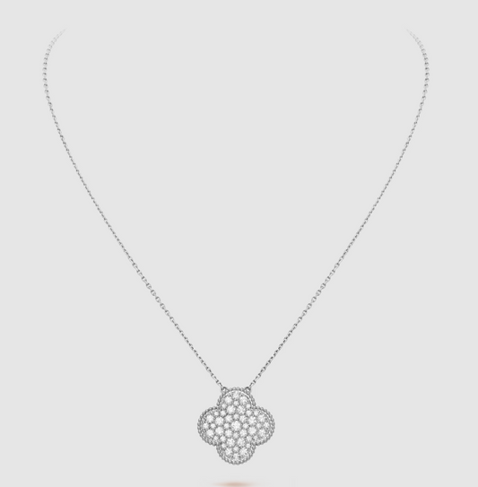 [RAFFINE]CLOVER 25MM LARGE PENDANT DIAMOND PAVED SILVER NECKLACE