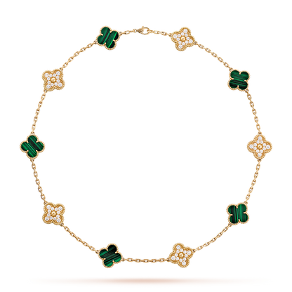 [RAFFINE]CLOVER 10 MOTIFS MALACHITE DIAMOND NECKLACE