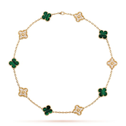 [RAFFINE]CLOVER 10 MOTIFS MALACHITE DIAMOND NECKLACE