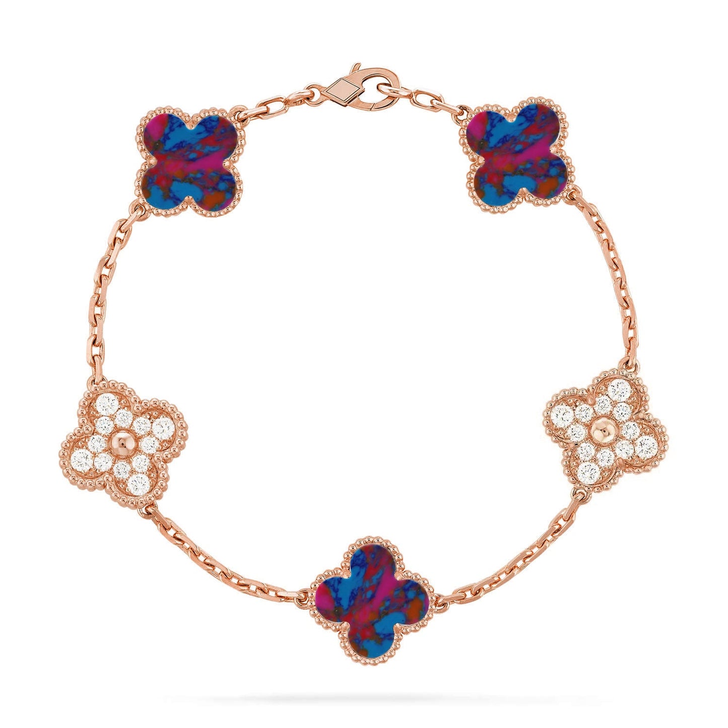 [RAFFINE]KLEEBKATTEN-ARMBAND MIT 5 MOTIVEN UND FARBIGEN EDELSTEINEN KOLLEKTION