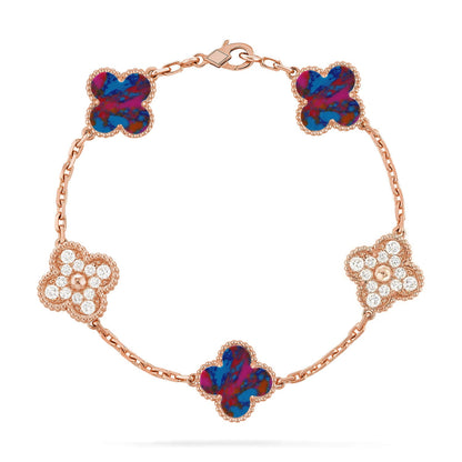 [RAFFINE]KLEEBKATTEN-ARMBAND MIT 5 MOTIVEN UND FARBIGEN EDELSTEINEN KOLLEKTION