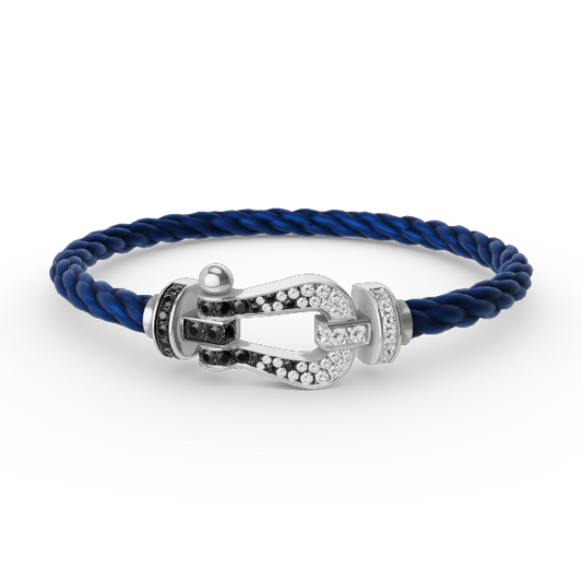 [Raffine]FORCE GROSSES HUFEISEN-ARMBAND MIT SCHWARZEN WEISSEN DIAMANTEN, SILBER
