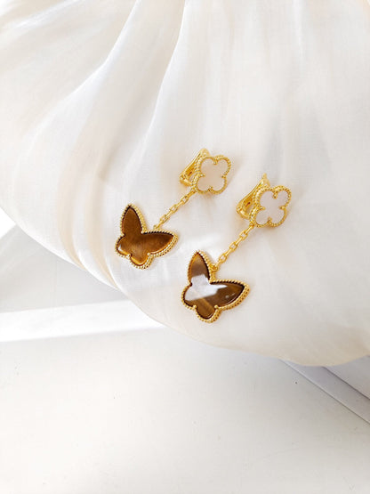 [LUXE]BUTTERFLY 2 MOTIF TIGER EYE MOP EARRINGS