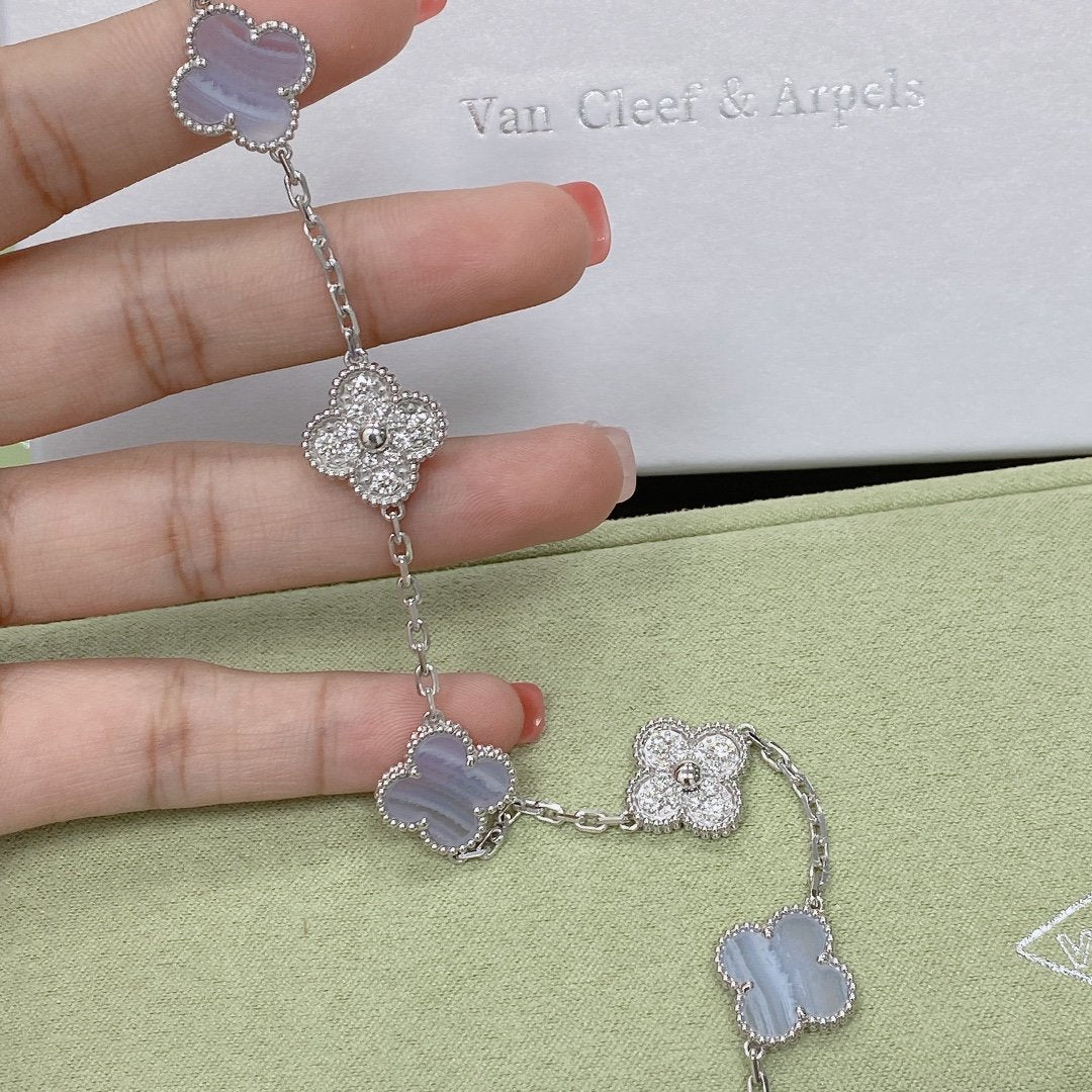 [Raffine]BRACELET ARGENT CALCÉDOINE VIOLET DIAMANT 5 MOTIFS TRÈFLE 