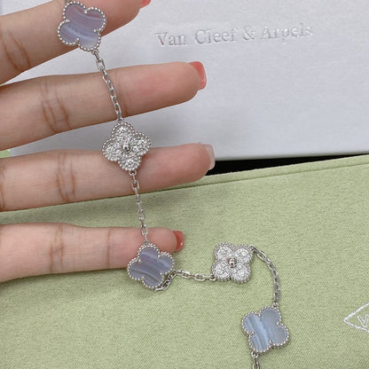 [Raffine]BRACELET ARGENT CALCÉDOINE VIOLET DIAMANT 5 MOTIFS TRÈFLE 