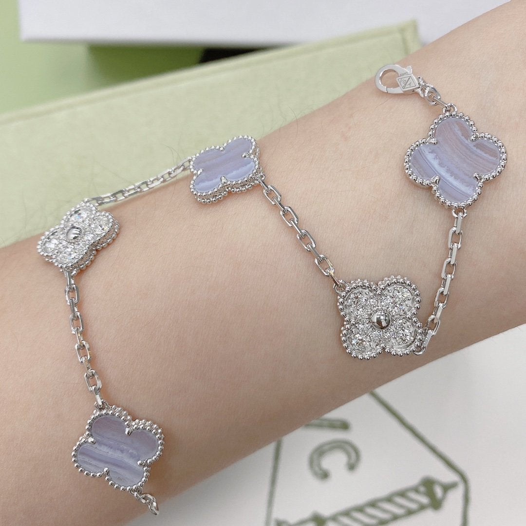 [Raffine]BRACELET ARGENT CALCÉDOINE VIOLET DIAMANT 5 MOTIFS TRÈFLE 