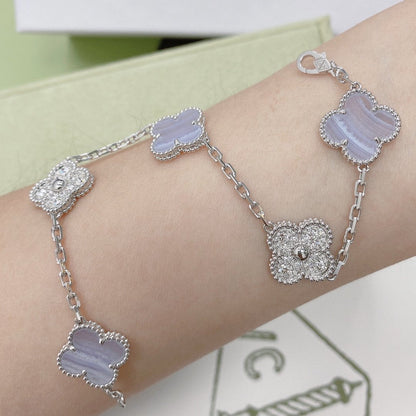 [Raffine]BRACELET ARGENT CALCÉDOINE VIOLET DIAMANT 5 MOTIFS TRÈFLE 