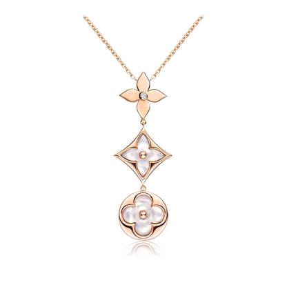 [RAFFINE]COLOR BLOSSOM LARIAT NECKLACE PINK GOLD WHITE MOTHER PEARL AND DIAMOND