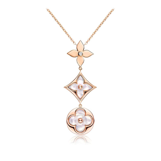 [RAFFINE]COLOR BLOSSOM LARIAT NECKLACE PINK GOLD WHITE MOTHER PEARL AND DIAMOND