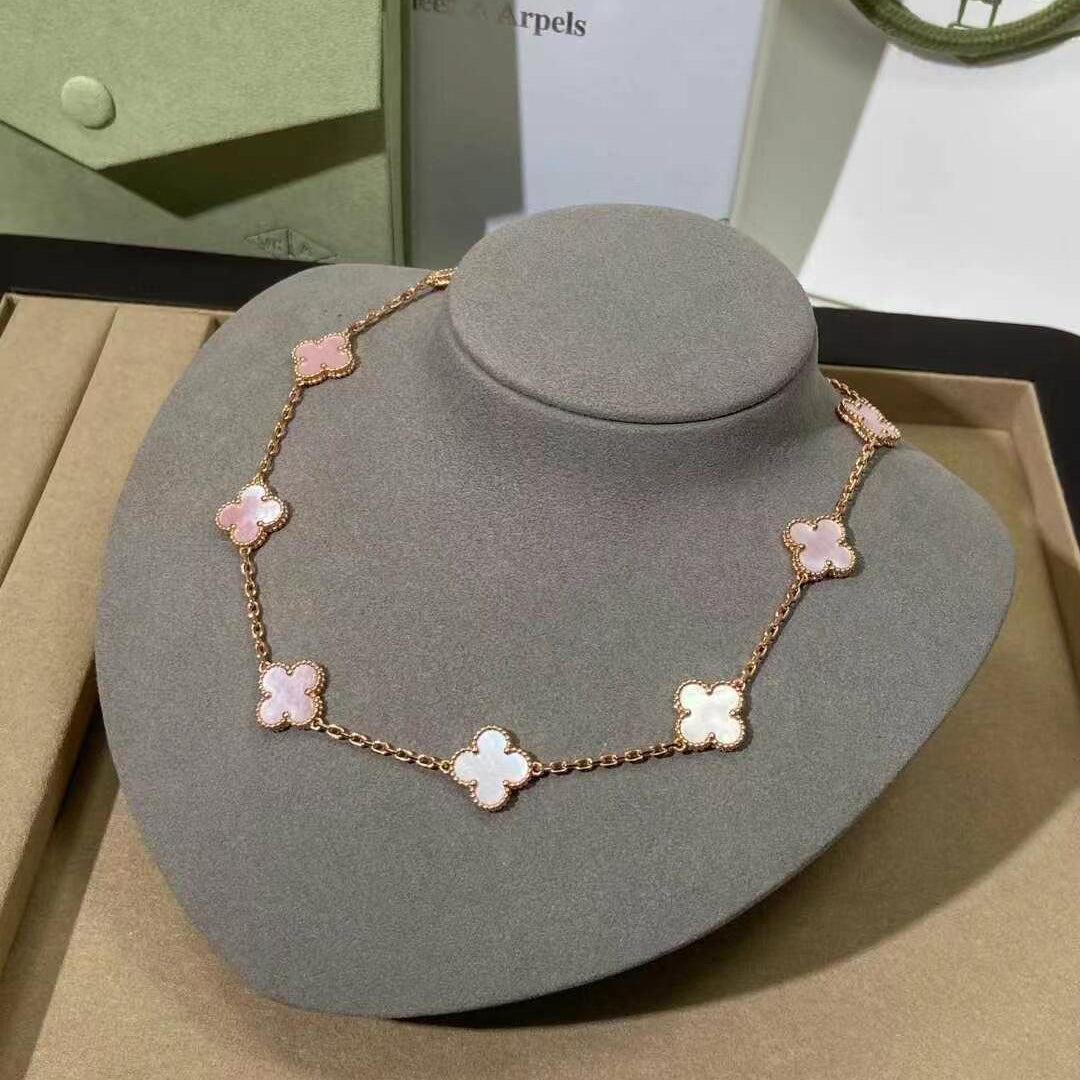 [RAFFINE]CLOVER 10 MOTIFS PINK MOP NECKLACE