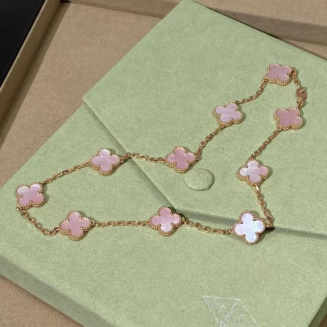[RAFFINE]CLOVER 10 MOTIFS PINK MOP NECKLACE