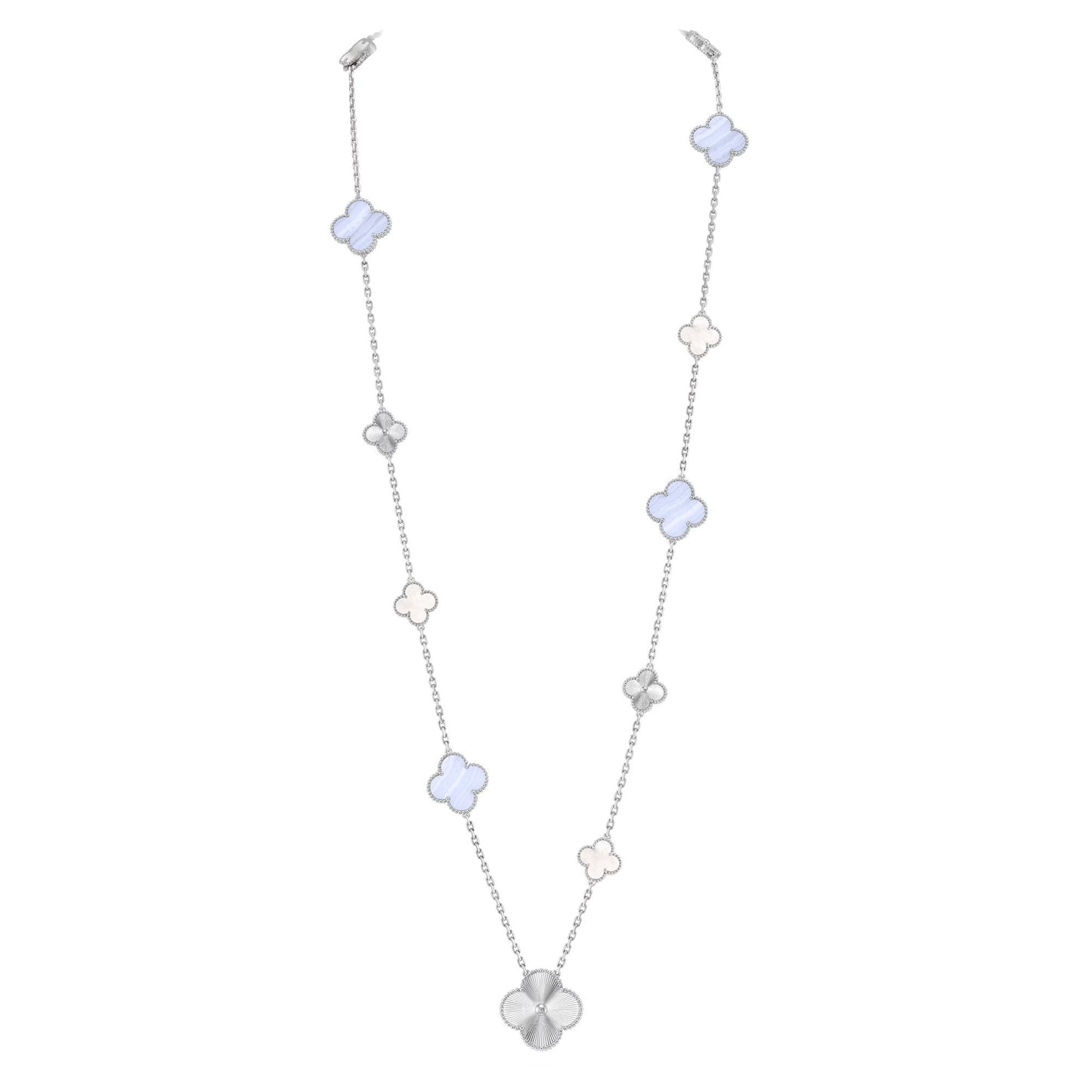[RAFFINE]DETACHABLE CLOVER 15(11+4) FLOWER SILVER NECKLACE SET