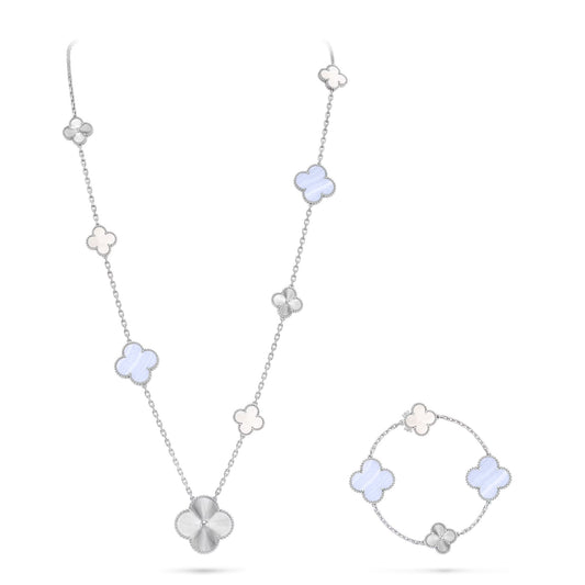 [RAFFINE]DETACHABLE CLOVER 15(11+4) FLOWER SILVER NECKLACE SET