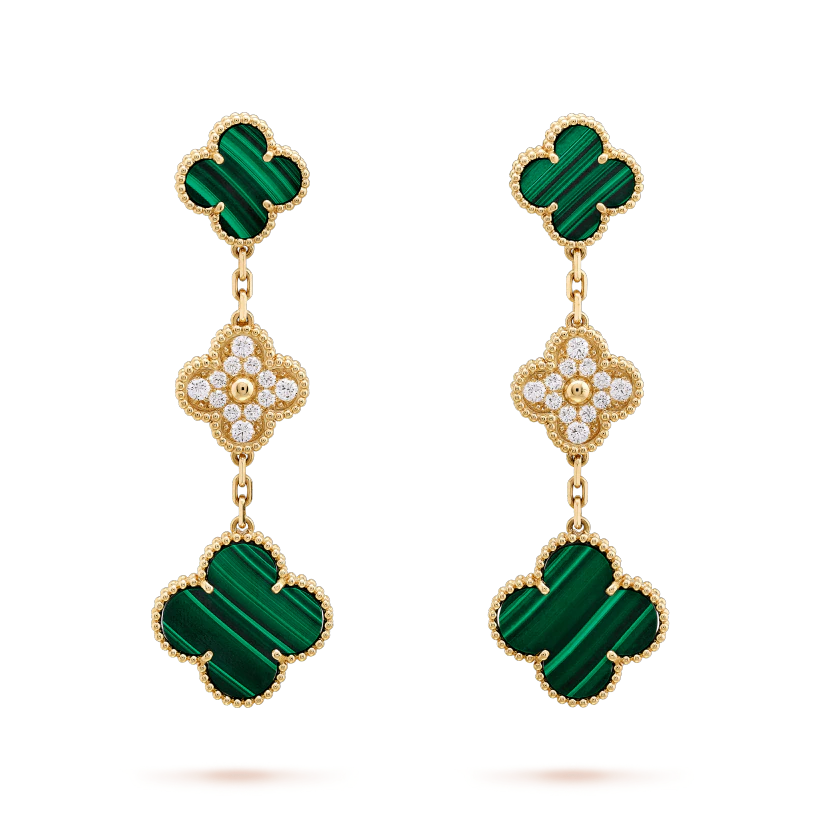 [RAFFINE]CLOVER EARRINGS GOLD MALACHITE DIAMOND 3 MOTIF