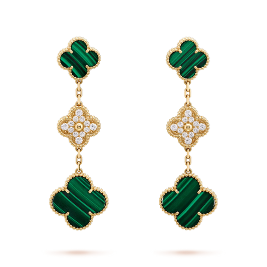 [RAFFINE]CLOVER EARRINGS GOLD MALACHITE DIAMOND 3 MOTIF