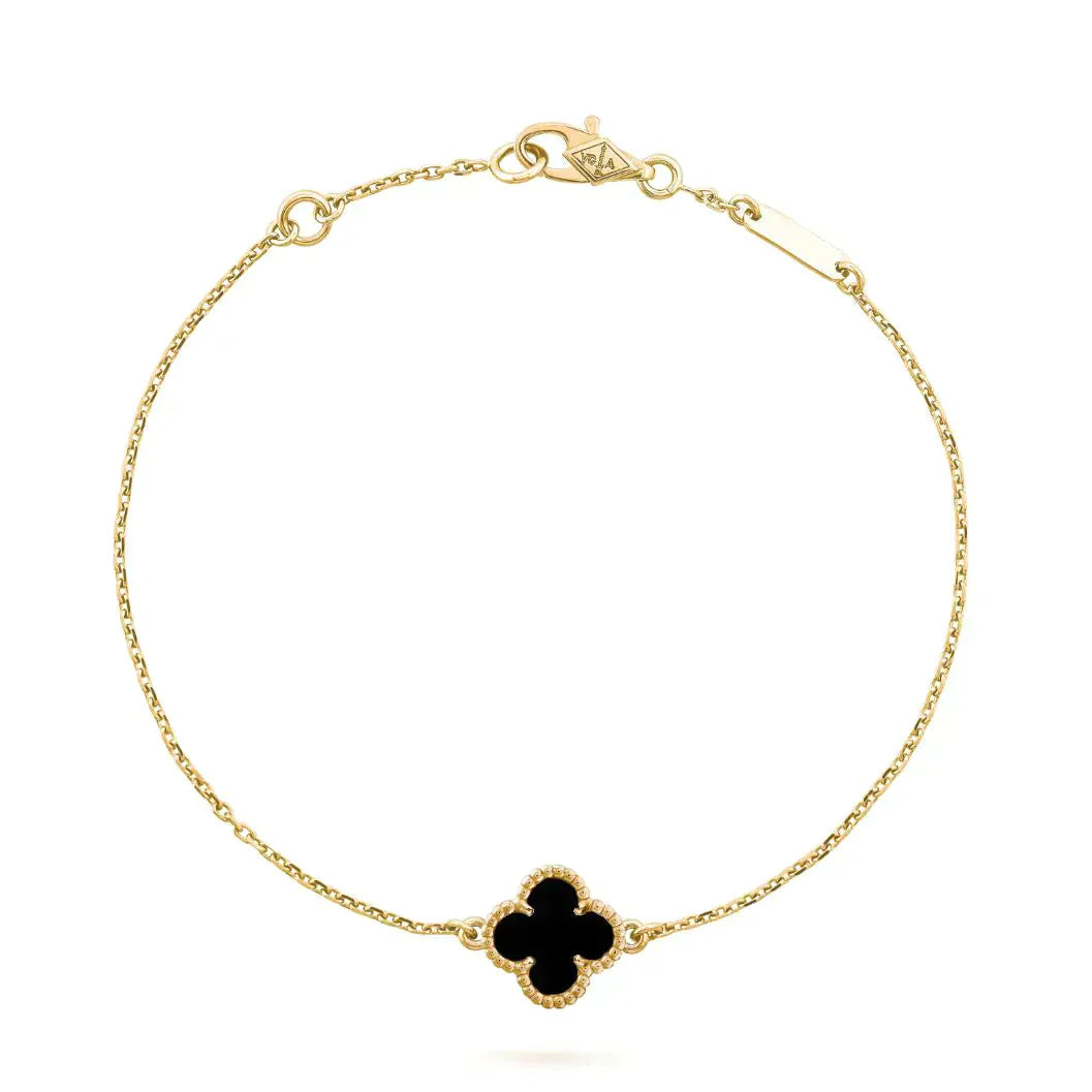 [RAFFINE]PULSERA DE UNA SOLA FLOR DE ÓNIX Y TRÉBOL