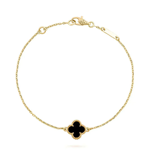 [RAFFINE]PULSERA DE UNA SOLA FLOR DE ÓNIX Y TRÉBOL