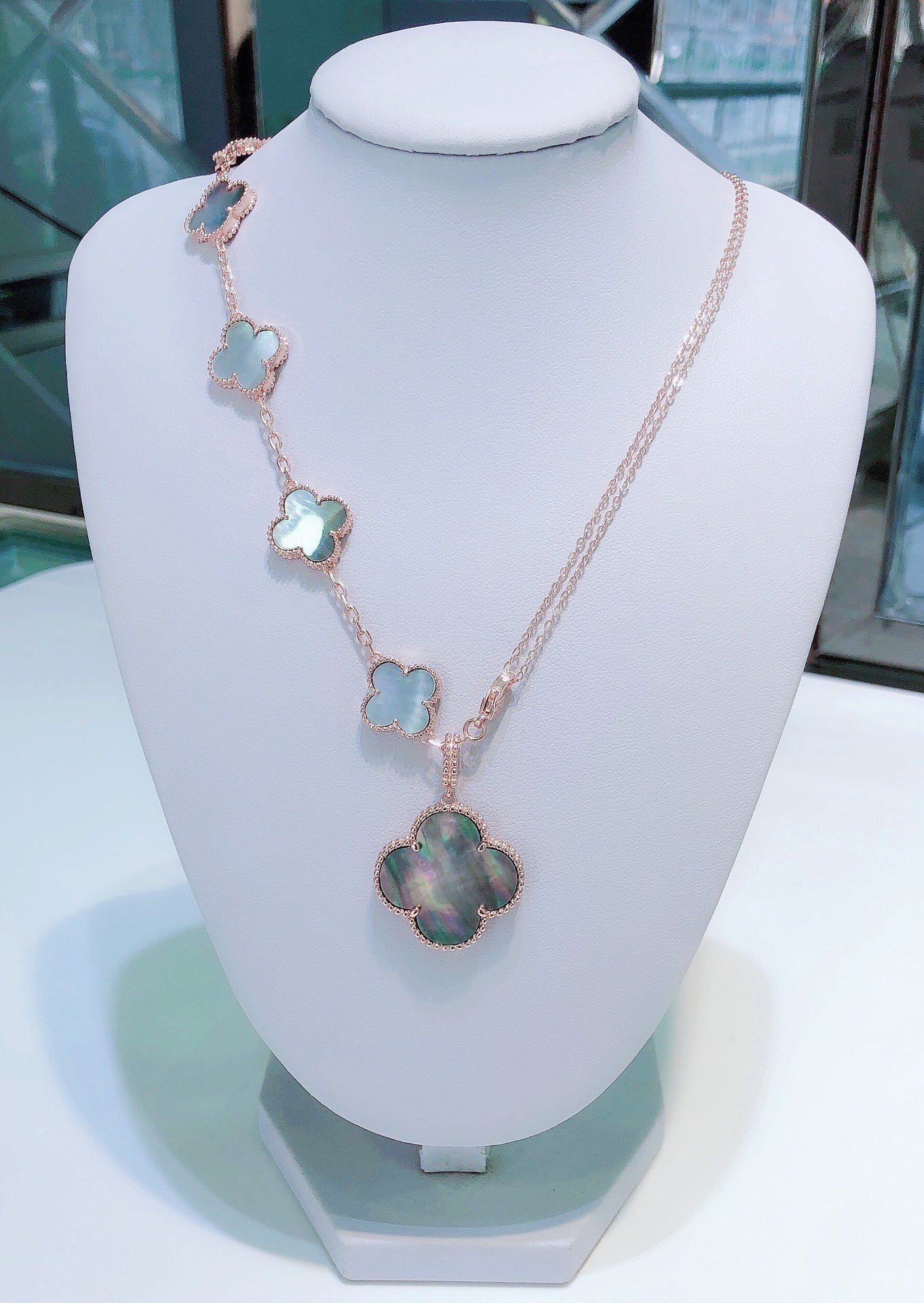 [RAFFINE]COMBINED BRACELET 5 MOTIFS AND NECKLACE DARK MOP ROSE GOLD