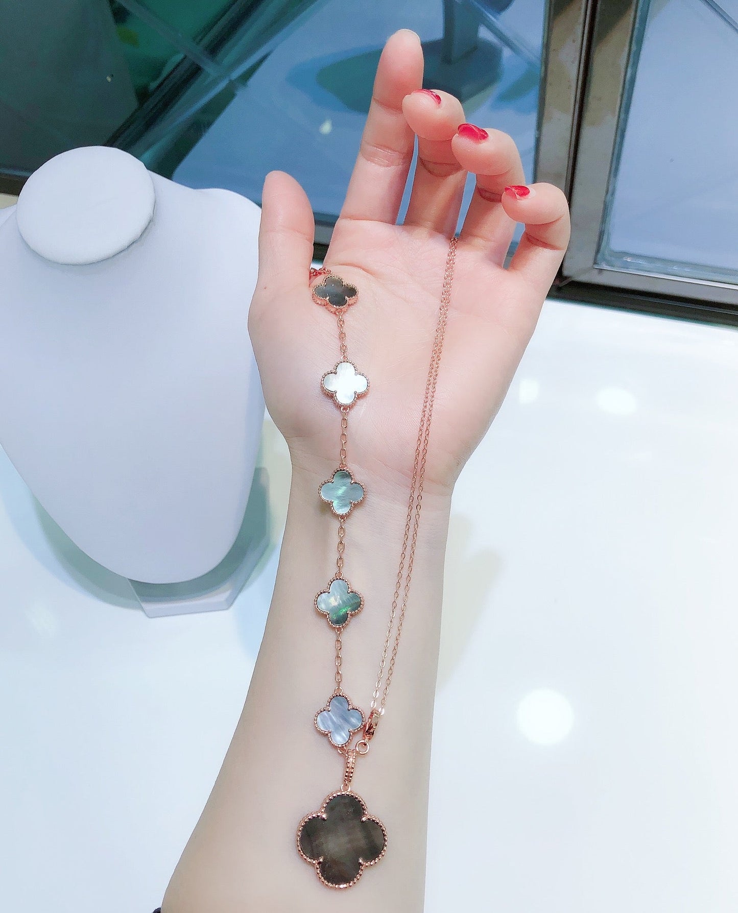 [RAFFINE]COMBINED BRACELET 5 MOTIFS AND NECKLACE DARK MOP ROSE GOLD