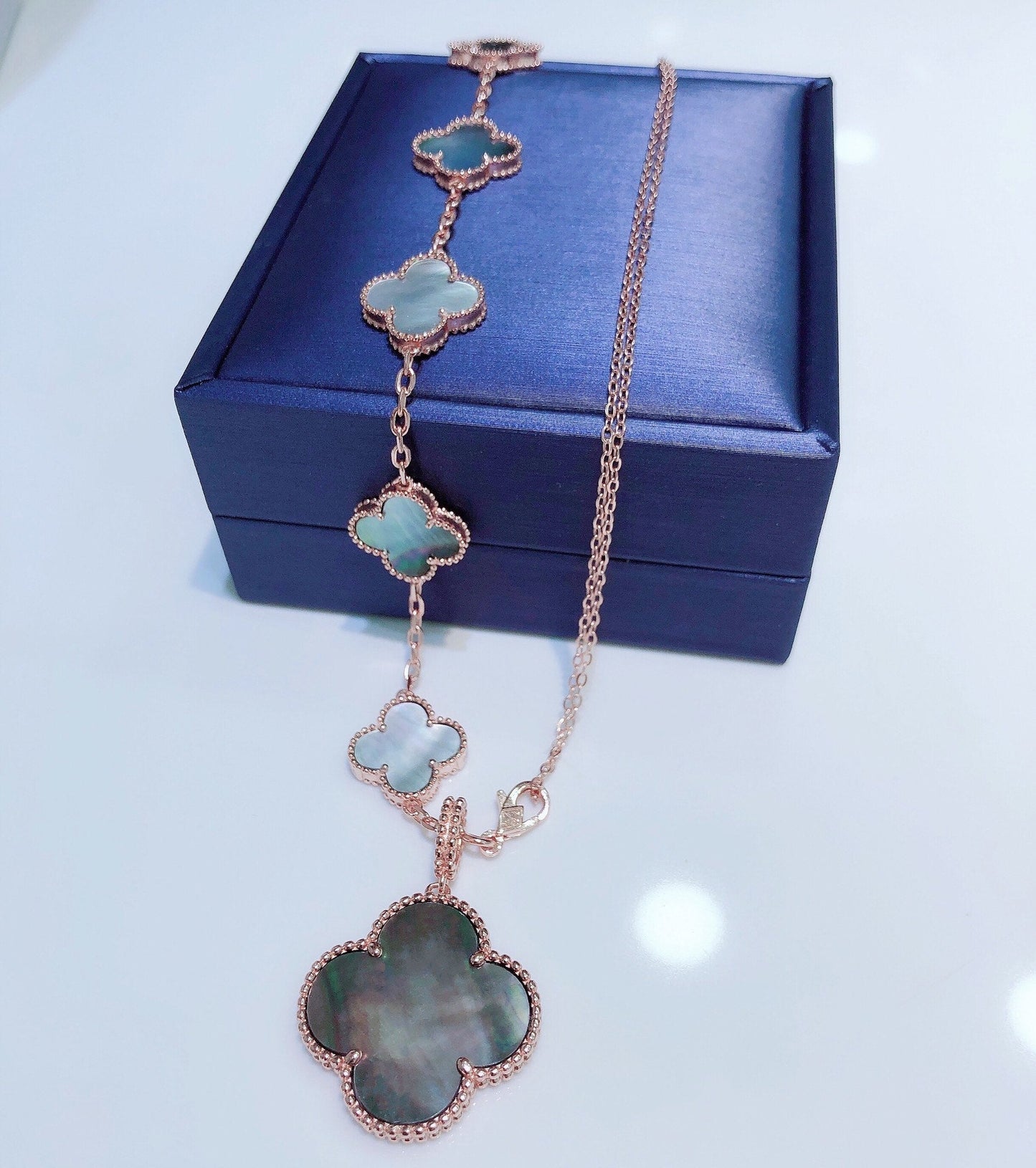 [RAFFINE]COMBINED BRACELET 5 MOTIFS AND NECKLACE DARK MOP ROSE GOLD
