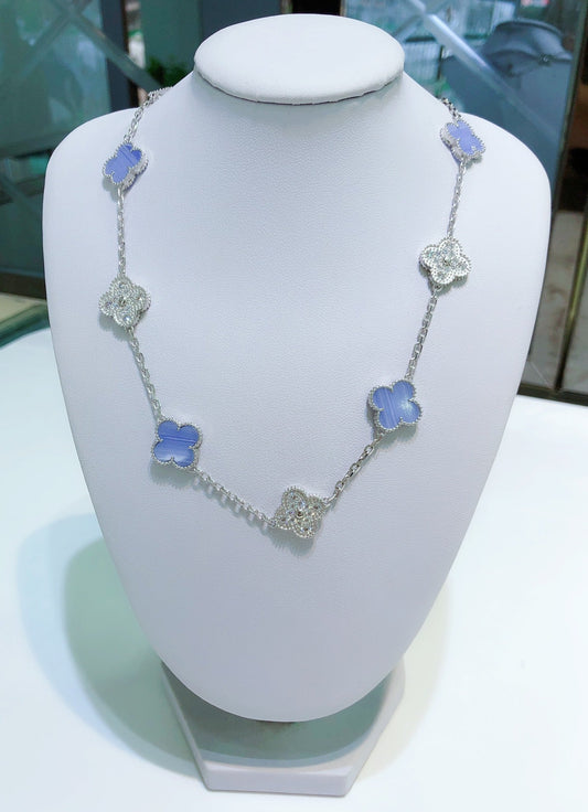 [RAFFINE]CLOVER 10 MOTIFS CHALCEDONY DIAMONDS SILVER NECKLACE