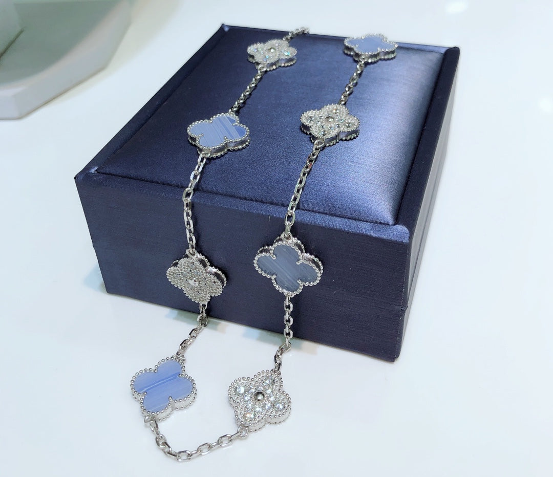 [RAFFINE]CLOVER 10 MOTIFS CHALCEDONY DIAMONDS SILVER NECKLACE