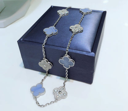 [RAFFINE]CLOVER 10 MOTIFS CHALCEDONY DIAMONDS SILVER NECKLACE