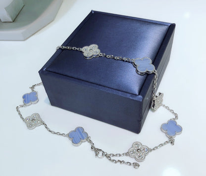 [RAFFINE]CLOVER 10 MOTIFS CHALCEDONY DIAMONDS SILVER NECKLACE