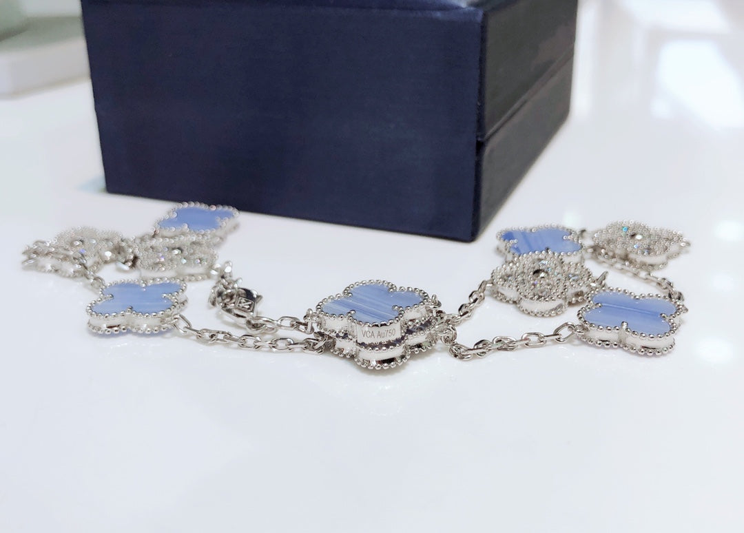 [RAFFINE]CLOVER 10 MOTIFS CHALCEDONY DIAMONDS SILVER NECKLACE