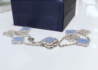 [RAFFINE]CLOVER 10 MOTIFS CHALCEDONY DIAMONDS SILVER NECKLACE