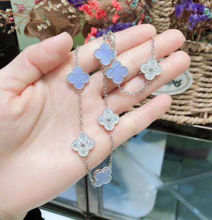 [RAFFINE]CLOVER 10 MOTIFS CHALCEDONY DIAMONDS SILVER NECKLACE