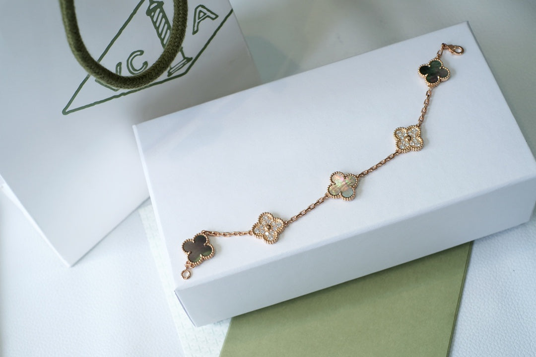 [RAFFINE]CLOVER 5 MOTIFS DARK MOP AND DIAMONDS PINK GOLD BRACELET
