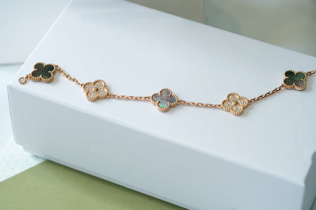 [RAFFINE]CLOVER 5 MOTIFS DARK MOP AND DIAMONDS PINK GOLD BRACELET