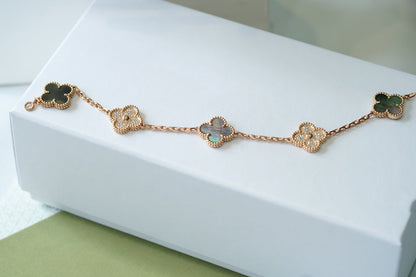 [RAFFINE]CLOVER 5 MOTIFS DARK MOP AND DIAMONDS PINK GOLD BRACELET