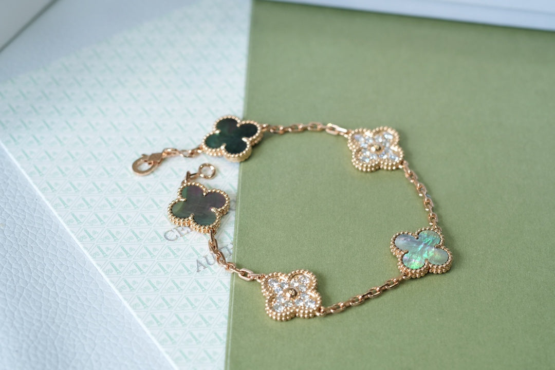 [RAFFINE]CLOVER 5 MOTIFS DARK MOP AND DIAMONDS PINK GOLD BRACELET