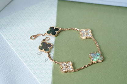 [RAFFINE]CLOVER 5 MOTIFS DARK MOP AND DIAMONDS PINK GOLD BRACELET
