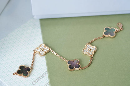 [RAFFINE]CLOVER 5 MOTIFS DARK MOP AND DIAMONDS PINK GOLD BRACELET