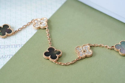 [RAFFINE]CLOVER 5 MOTIFS DARK MOP AND DIAMONDS PINK GOLD BRACELET